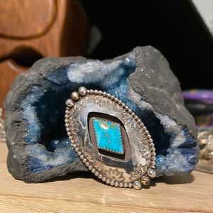 Sterling silver stamped southwestern turquoise shadow box large ring